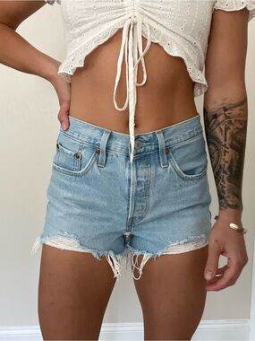 Levi's Light Blue High-Rise Distressed Denim Shorts